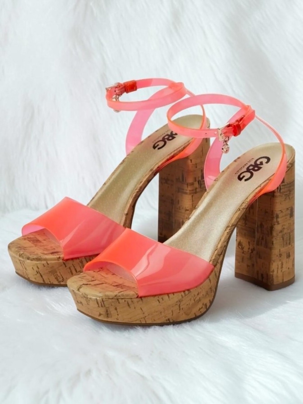 GBG Queen Neon Jelly Cork Platform Heels Pink Orange Size 9 NIB